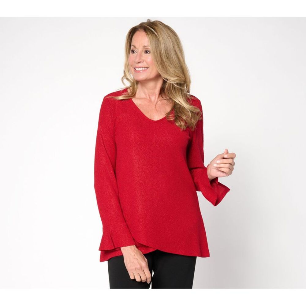 Susan Graver Women's Top Petite PS Make Your Selection: Metallic Knit Red